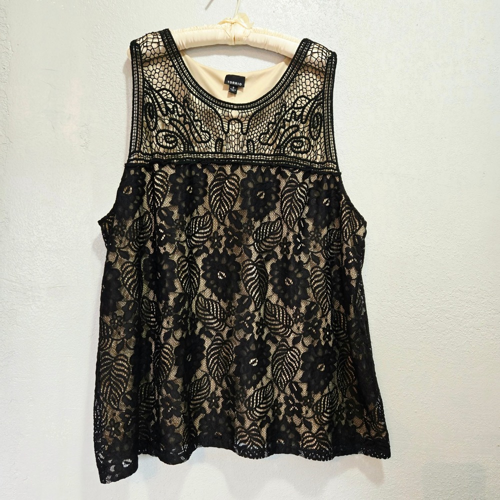 Torrid Floral Lace Crochet Yoke Lined Sleeveless Top Black Nude Boho Plus Size 3
